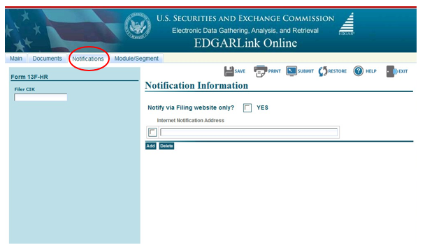 Screenshot depicting the location of the Notifications option on the Form ID application page
