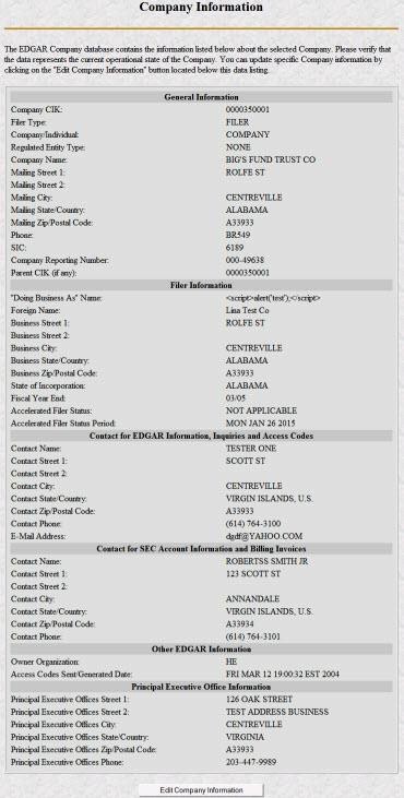 Screenshot depicting company information page