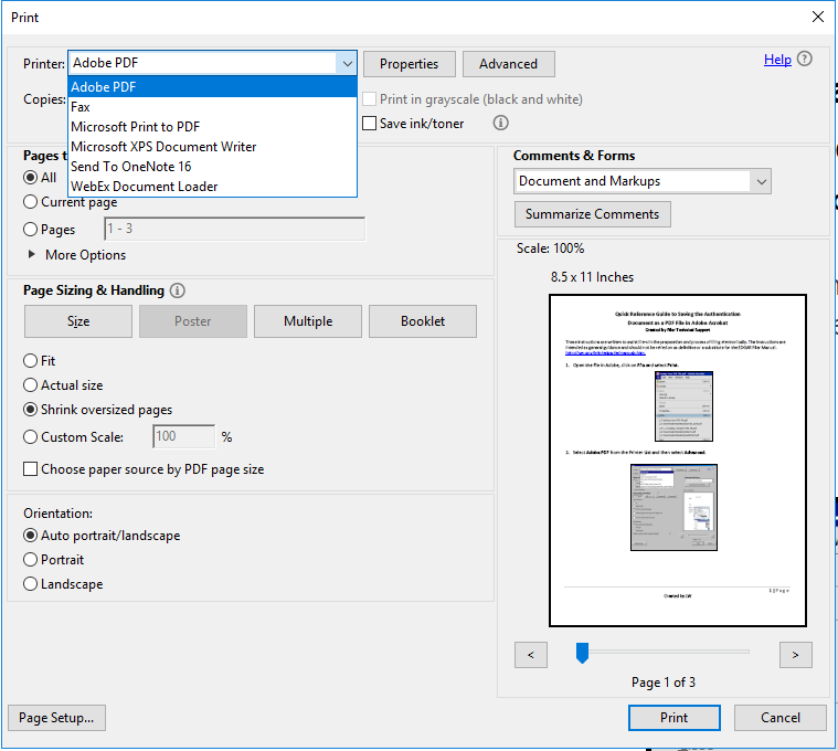 Screenshot depicting the Print function with Adobe PDF selected from the Printer drop down menu