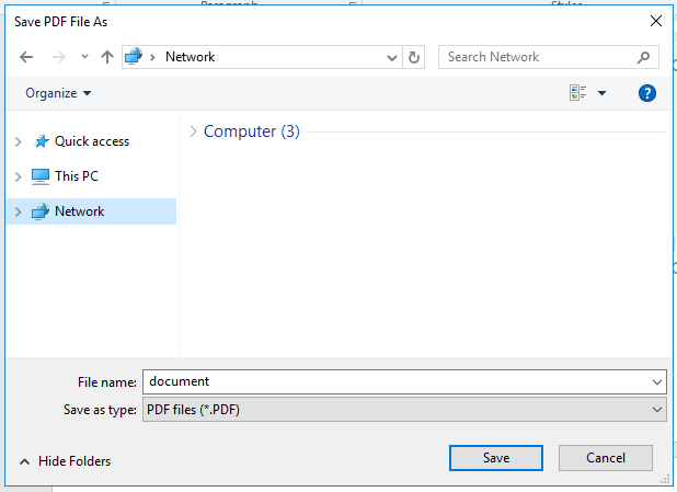 Screenshot depicting the Save PDF File As window