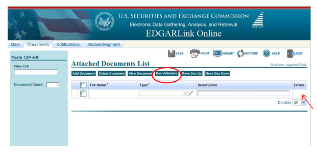 Screenshot depicting the location of the Doc Validation option on the Attached Documents List page 