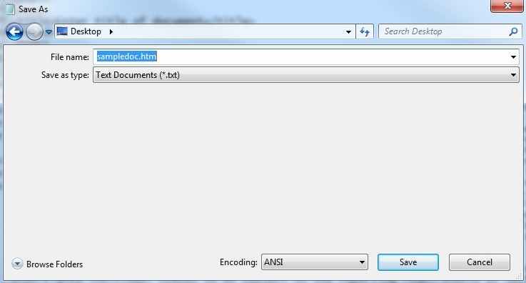 Screenshot depicting how to save a Word document as an HTML file in the Save As pop-up window of Windows