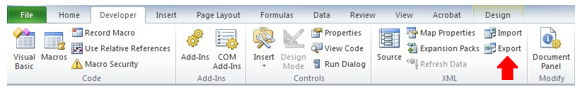 Screenshot depicting the export option on the select developer tab of an XML document