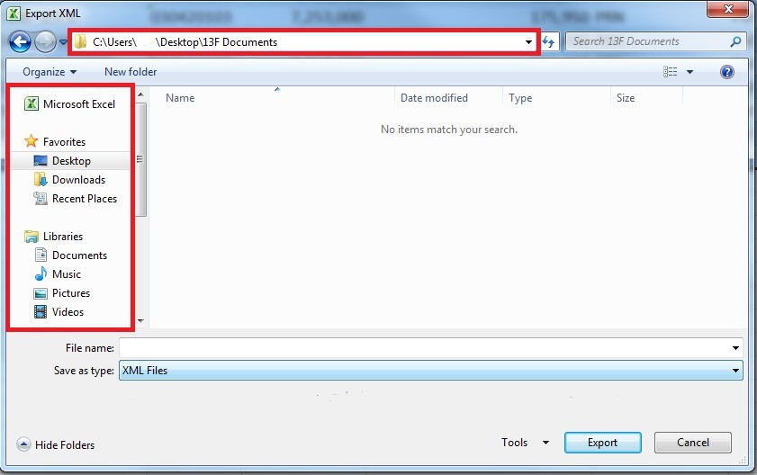Screenshot depicting Desktop option for saving an XML file, located on the upper left hand side of screen