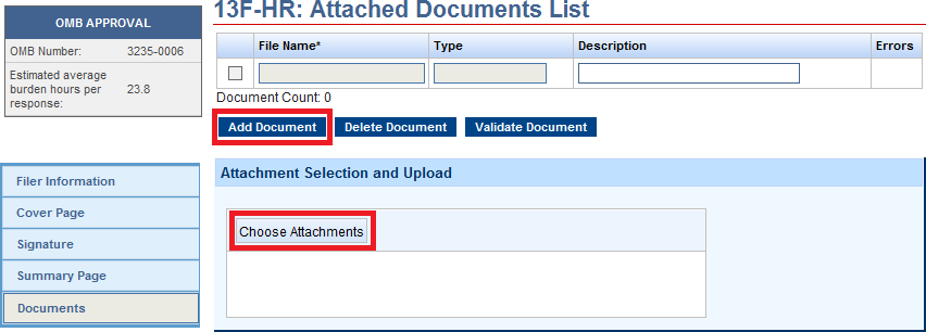 Screenshot depicting the add document upload option of the 13F-HR form