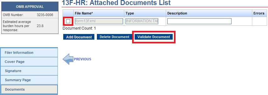 Screenshot depicting the validation option checkbox, and the document validation submission button located on the bottom left hand side
