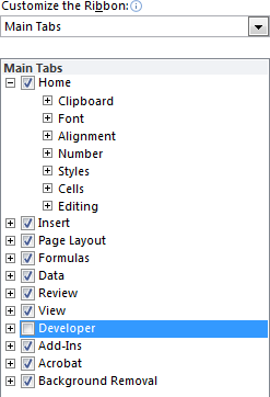 Screenshot depicting how to enable the developer tab function in Excel
