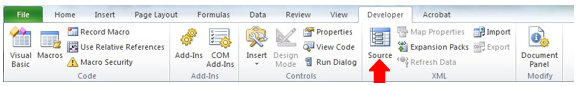Screenshot depicting the location of the source file, on the developer tab in an Excel workbook