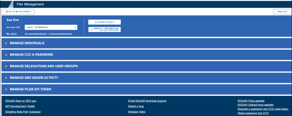 Screenshot of the Filer Management dashboard showing the different sections of information (e.g. manage individuals, manage ccc and password, etc.) pertaining to the filer