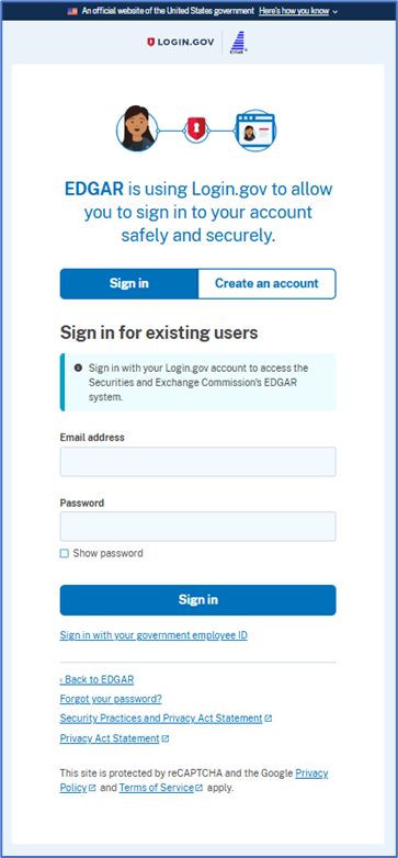 Screenshot of Login.gov's sign-in page, which depicts where users enter their email and password