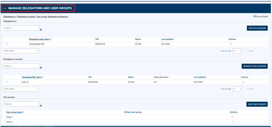 Screenshot depicting the information revealed when you expand the accordion for Manage Delegations and User Groups